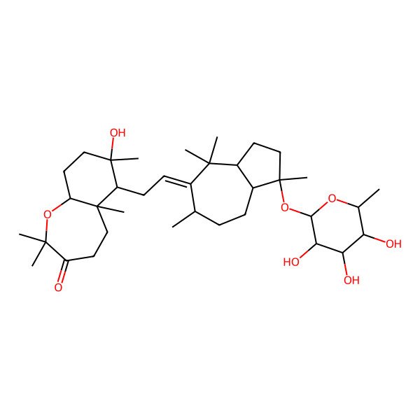 2D Structure of (5aR,6R,7S,9aR)-6-[(2Z)-2-[(1R,3aR,8aR)-1,4,4,6-tetramethyl-1-[(2S,3R,4R,5R,6S)-3,4,5-trihydroxy-6-methyloxan-2-yl]oxy-3,3a,6,7,8,8a-hexahydro-2H-azulen-5-ylidene]ethyl]-7-hydroxy-2,2,5a,7-tetramethyl-4,5,6,8,9,9a-hexahydrobenzo[b]oxepin-3-one