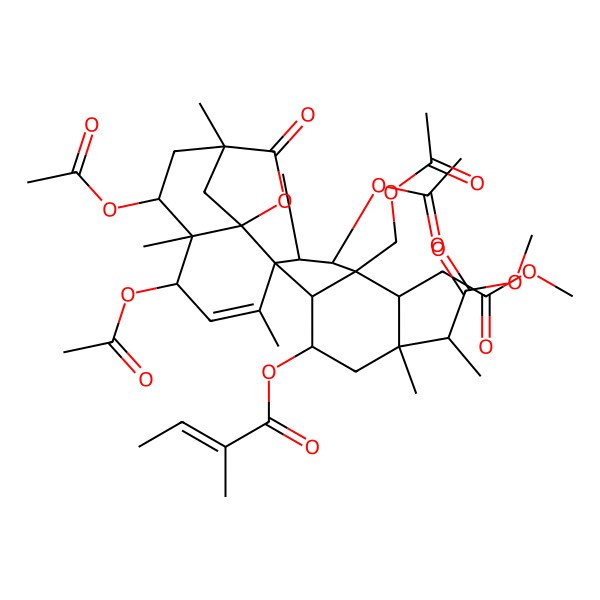 2D Structure of [(1S,1'R,2R,3S,3aS,4R,5'S,6S,6'R,7R,7'S,7aS,9'R)-1,5',7'-triacetyloxy-7a-(acetyloxymethyl)-7-(2-methoxy-2-oxoethyl)-6-[(2R)-1-methoxy-1-oxopropan-2-yl]-2,3',6,6',9'-pentamethyl-10'-oxospiro[1,2,3a,4,5,7-hexahydroindene-3,2'-11-oxatricyclo[7.2.1.01,6]dodec-3-ene]-4-yl] (Z)-2-methylbut-2-enoate