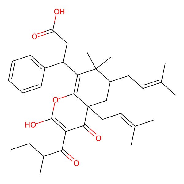 2D Structure of 3-[2-hydroxy-7,7-dimethyl-3-(2-methylbutanoyl)-4a,6-bis(3-methylbut-2-enyl)-4-oxo-5,6-dihydrochromen-8-yl]-3-phenylpropanoic acid
