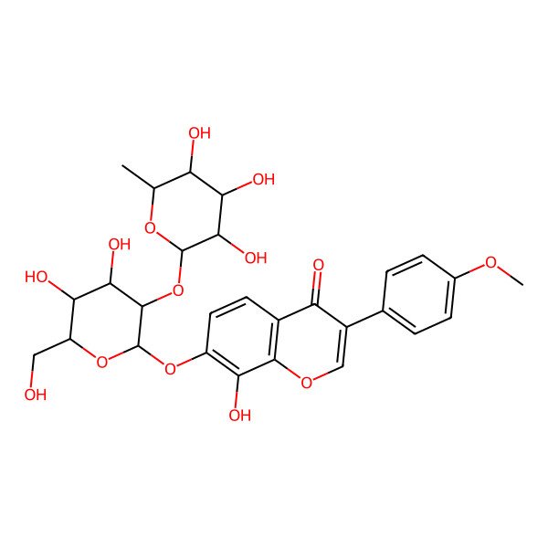 2D Structure of 7-[(2S,3R,4S,5S,6R)-4,5-dihydroxy-6-(hydroxymethyl)-3-[(2S,3R,4R,5R,6S)-3,4,5-trihydroxy-6-methyloxan-2-yl]oxyoxan-2-yl]oxy-8-hydroxy-3-(4-methoxyphenyl)chromen-4-one