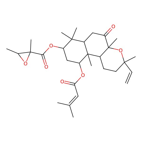 2D Structure of [(3S,4aR,6aR,8S,10R,10aR,10bS)-3-ethenyl-3,4a,7,7,10a-pentamethyl-10-(3-methylbut-2-enoyloxy)-5-oxo-1,2,6,6a,8,9,10,10b-octahydrobenzo[f]chromen-8-yl] (2S,3R)-2,3-dimethyloxirane-2-carboxylate