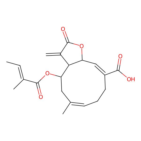 2D Structure of (3aR,4R,6E,10Z,11aR)-6-methyl-4-[(E)-2-methylbut-2-enoyl]oxy-3-methylidene-2-oxo-3a,4,5,8,9,11a-hexahydrocyclodeca[b]furan-10-carboxylic acid