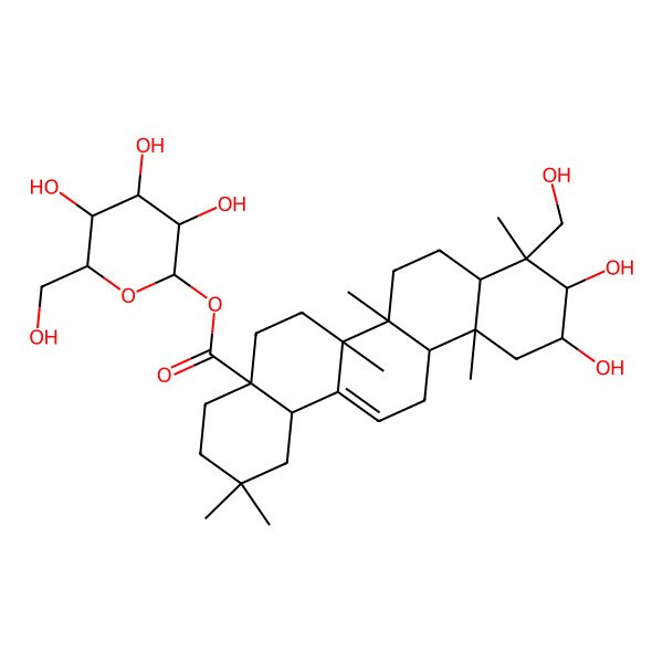 2D Structure of [3,4,5-Trihydroxy-6-(hydroxymethyl)oxan-2-yl] 10,11-dihydroxy-9-(hydroxymethyl)-2,2,6a,6b,9,12a-hexamethyl-1,3,4,5,6,6a,7,8,8a,10,11,12,13,14b-tetradecahydropicene-4a-carboxylate