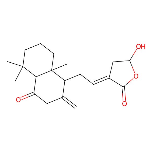 2D Structure of 3-[2-(5,5,8a-trimethyl-2-methylidene-4-oxo-4a,6,7,8-tetrahydro-1H-naphthalen-1-yl)ethylidene]-5-hydroxyoxolan-2-one