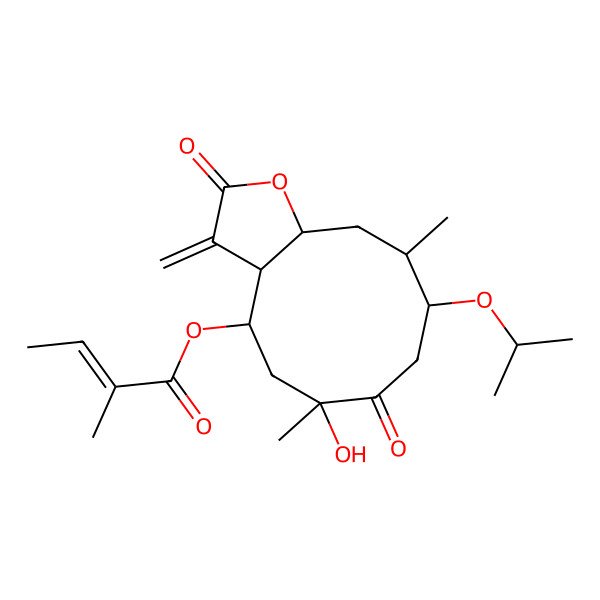 2D Structure of [(3aS,4R,6R,9S,10R,11aR)-6-hydroxy-6,10-dimethyl-3-methylidene-2,7-dioxo-9-propan-2-yloxy-3a,4,5,8,9,10,11,11a-octahydrocyclodeca[b]furan-4-yl] (Z)-2-methylbut-2-enoate