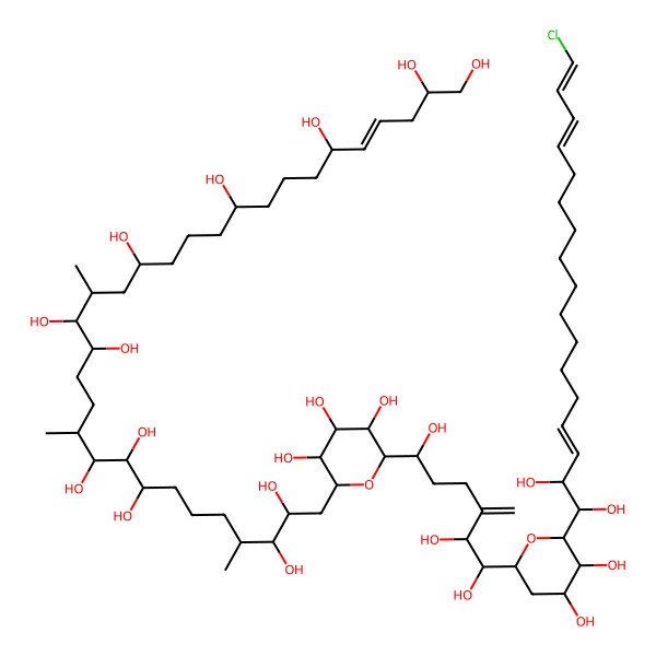 2D Structure of (E)-31-[6-[6-[6-[(3E,14E,16E)-17-chloro-1,2-dihydroxyheptadeca-3,14,16-trienyl]-4,5-dihydroxyoxan-2-yl]-1,5,6-trihydroxy-4-methylidenehexyl]-3,4,5-trihydroxyoxan-2-yl]-16,21,28-trimethylhentriacont-4-ene-1,2,6,10,14,17,18,22,23,24,29,30-dodecol