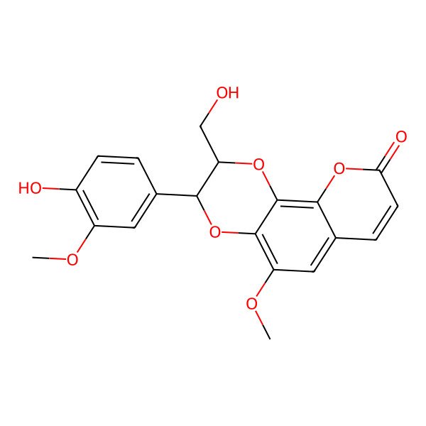 2D Structure of 3-(4-Hydroxy-3-methoxyphenyl)-2-(hydroxymethyl)-5-methoxy-2,3-dihydropyrano[3,2-h][1,4]benzodioxin-9-one