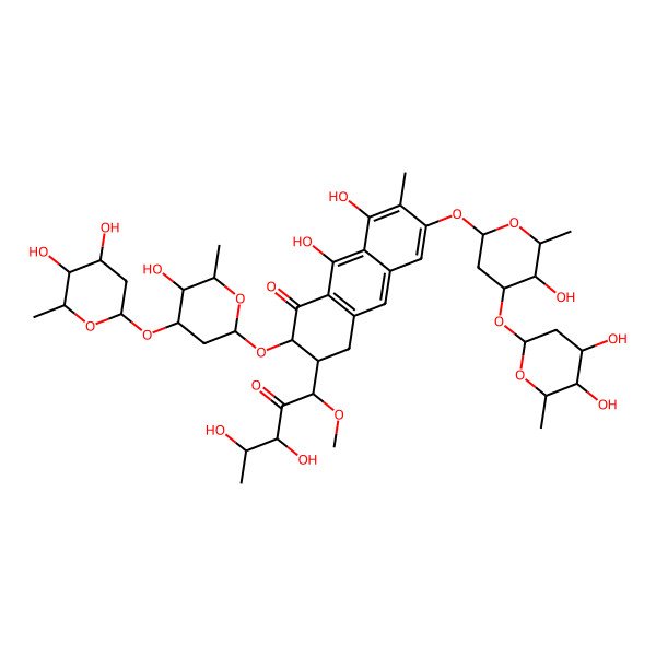 2D Structure of (2S,3S)-3-[(1S,3S,4R)-3,4-dihydroxy-1-methoxy-2-oxopentyl]-2-[(2S,4R,5R,6R)-4-[(2S,4R,5R,6R)-4,5-dihydroxy-6-methyloxan-2-yl]oxy-5-hydroxy-6-methyloxan-2-yl]oxy-6-[(2S,4R,5R,6R)-4-[(2S,4R,5S,6R)-4,5-dihydroxy-6-methyloxan-2-yl]oxy-5-hydroxy-6-methyloxan-2-yl]oxy-8,9-dihydroxy-7-methyl-3,4-dihydro-2H-anthracen-1-one