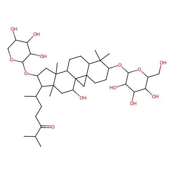 2D Structure of (6R)-6-[(1S,3S,6S,8R,11S,12S,14S,15R,16R,18R)-18-hydroxy-7,7,12,16-tetramethyl-6-[(2R,3R,4S,5S,6R)-3,4,5-trihydroxy-6-(hydroxymethyl)oxan-2-yl]oxy-14-[(2S,3R,4S,5S)-3,4,5-trihydroxyoxan-2-yl]oxy-15-pentacyclo[9.7.0.01,3.03,8.012,16]octadecanyl]-2-methylheptan-3-one