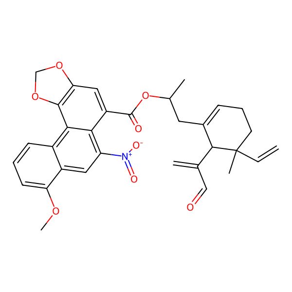 2D Structure of [(2R)-1-[(5R,6R)-5-ethenyl-5-methyl-6-(3-oxoprop-1-en-2-yl)cyclohexen-1-yl]propan-2-yl] 8-methoxy-6-nitronaphtho[2,1-g][1,3]benzodioxole-5-carboxylate