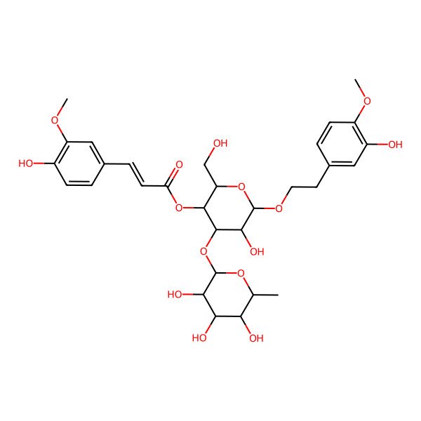 2D Structure of beta-D-Glucopyranoside, 2-(3-hydroxy-4-methoxyphenyl)ethyl 3-O-(6-deoxy-alpha-L-mannopyranosyl)-, 4-[3-(4-hydroxy-3-methoxyphenyl)-2-propenoate], (E)-