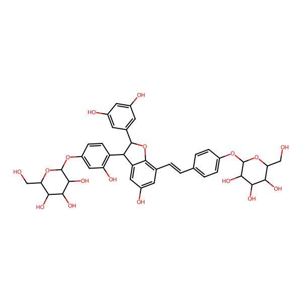 2D Structure of (2S,3R,4S,5S,6R)-2-[4-[(E)-2-[(2R,3R)-2-(3,5-dihydroxyphenyl)-5-hydroxy-3-[2-hydroxy-4-[(2S,3R,4S,5S,6R)-3,4,5-trihydroxy-6-(hydroxymethyl)oxan-2-yl]oxyphenyl]-2,3-dihydro-1-benzofuran-7-yl]ethenyl]phenoxy]-6-(hydroxymethyl)oxane-3,4,5-triol