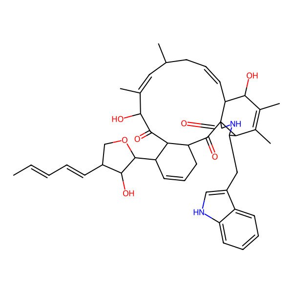 2D Structure of 10,18-dihydroxy-7-(3-hydroxy-4-penta-1,3-dienyloxolan-2-yl)-22-(1H-indol-3-ylmethyl)-11,13,19,20-tetramethyl-23-azatetracyclo[15.7.0.01,21.03,8]tetracosa-5,11,15,19-tetraene-2,9,24-trione