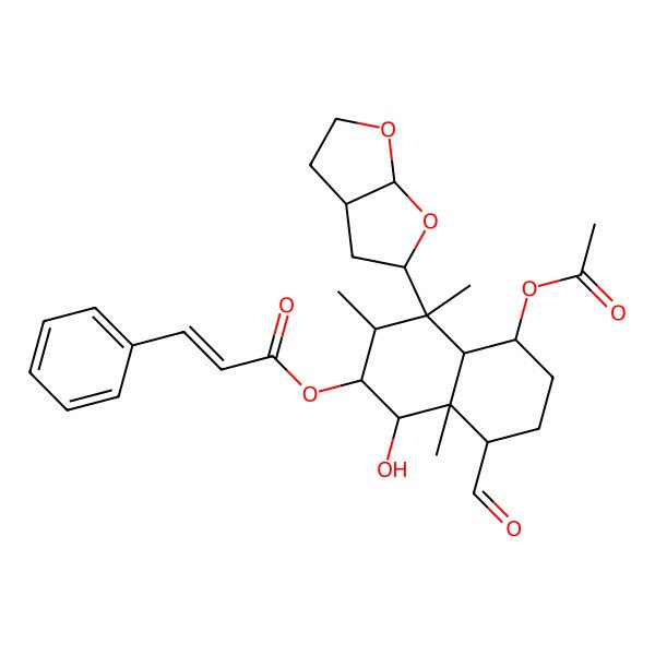 2D Structure of [4-(2,3,3a,4,5,6a-Hexahydrofuro[2,3-b]furan-5-yl)-5-acetyloxy-8-formyl-1-hydroxy-3,4,8a-trimethyl-1,2,3,4a,5,6,7,8-octahydronaphthalen-2-yl] 3-phenylprop-2-enoate