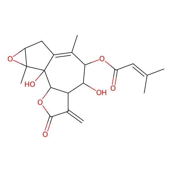 2D Structure of (1,7-Dihydroxy-9,14-dimethyl-5-methylidene-4-oxo-3,13-dioxatetracyclo[8.4.0.02,6.012,14]tetradec-9-en-8-yl) 3-methylbut-2-enoate