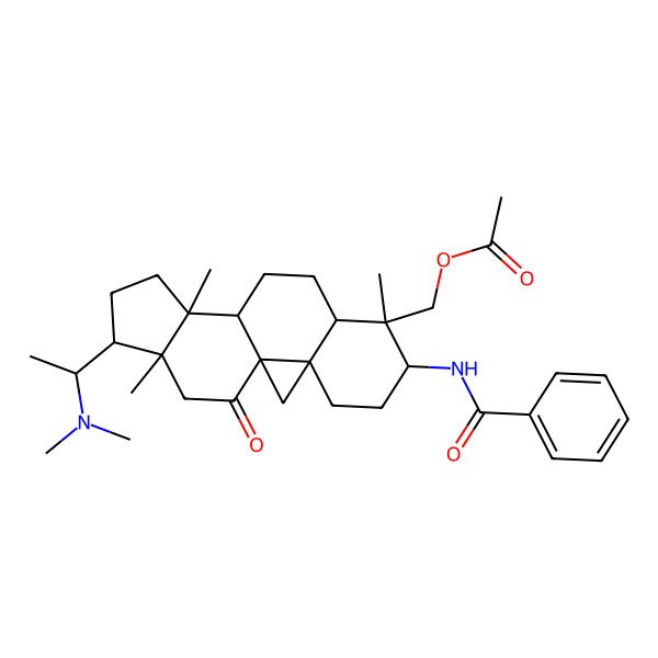 2D Structure of [(1R,3R,6S,7R,8R,11S,12S,15S,16R)-6-benzamido-15-[(1S)-1-(dimethylamino)ethyl]-7,12,16-trimethyl-18-oxo-7-pentacyclo[9.7.0.01,3.03,8.012,16]octadecanyl]methyl acetate