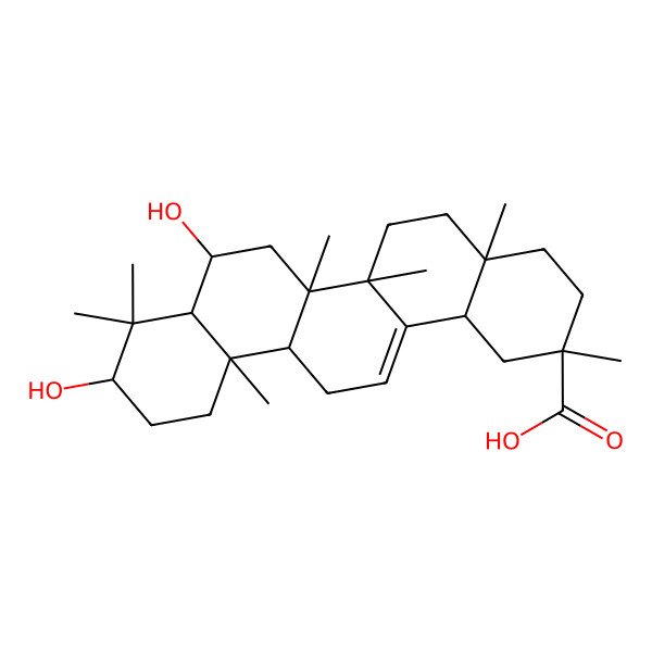 2D Structure of (2R,4aS,6aR,6aS,6bR,8R,8aR,10S,12aR,14bR)-8,10-dihydroxy-2,4a,6a,6b,9,9,12a-heptamethyl-1,3,4,5,6,6a,7,8,8a,10,11,12,13,14b-tetradecahydropicene-2-carboxylic acid
