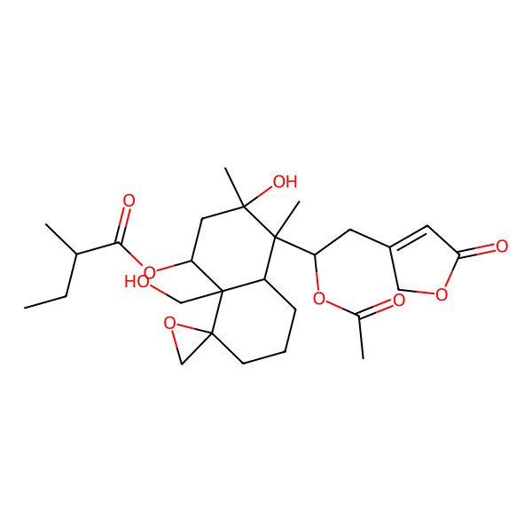 2D Structure of [4-[1-acetyloxy-2-(5-oxo-2H-furan-3-yl)ethyl]-3-hydroxy-8a-(hydroxymethyl)-3,4-dimethylspiro[1,2,4a,5,6,7-hexahydronaphthalene-8,2'-oxirane]-1-yl] 2-methylbutanoate