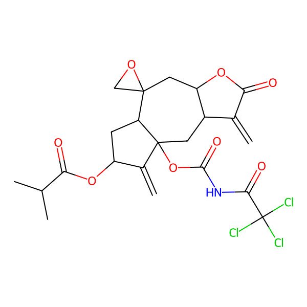 2D Structure of [(3aS,5R,5aR,7R,8aS,9aR)-1,8-dimethylidene-2-oxo-8a-[(2,2,2-trichloroacetyl)carbamoyloxy]spiro[4,5a,6,7,9,9a-hexahydro-3aH-azuleno[6,5-b]furan-5,2'-oxirane]-7-yl] 2-methylpropanoate