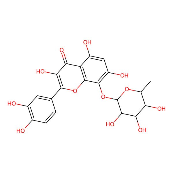 2D Structure of 2-(3,4-dihydroxyphenyl)-3,5,7-trihydroxy-8-[(2R,3R,4R,5R,6S)-3,4,5-trihydroxy-6-methyloxan-2-yl]oxychromen-4-one