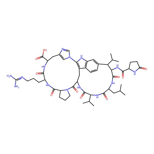 2D Structure of (7R,10S,13S,19S,22S,25S,28S,29R)-10-[3-(diaminomethylideneamino)propyl]-25-(2-methylpropyl)-9,12,18,21,24,27-hexaoxo-28-[[(2S)-5-oxopyrrolidine-2-carbonyl]amino]-22,29-di(propan-2-yl)-2,4,8,11,17,20,23,26,35-nonazahexacyclo[17.16.2.12,5.130,34.013,17.033,36]nonatriaconta-1(36),3,5(39),30(38),31,33-hexaene-7-carboxylic acid