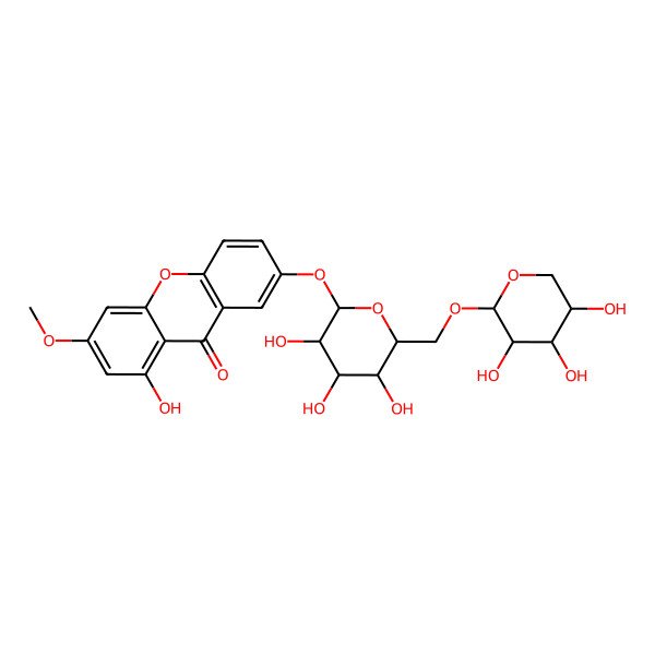2D Structure of 1-Hydroxy-3-methoxy-7-[3,4,5-trihydroxy-6-[(3,4,5-trihydroxyoxan-2-yl)oxymethyl]oxan-2-yl]oxyxanthen-9-one