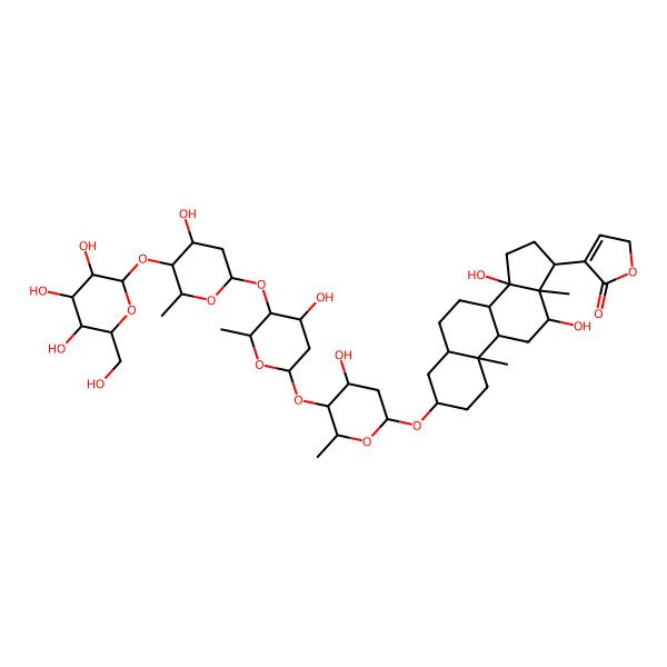 2D Structure of 4-[12,14-dihydroxy-3-[4-hydroxy-5-[4-hydroxy-5-[4-hydroxy-6-methyl-5-[3,4,5-trihydroxy-6-(hydroxymethyl)oxan-2-yl]oxyoxan-2-yl]oxy-6-methyloxan-2-yl]oxy-6-methyloxan-2-yl]oxy-10,13-dimethyl-1,2,3,4,5,6,7,8,9,11,12,15,16,17-tetradecahydrocyclopenta[a]phenanthren-17-yl]-2H-furan-5-one