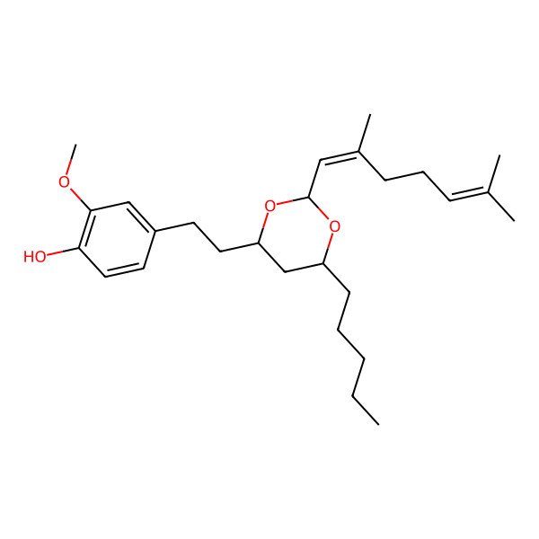 2D Structure of 4-[2-[(2S,4R,6R)-2-[(1E)-2,6-dimethylhepta-1,5-dienyl]-6-pentyl-1,3-dioxan-4-yl]ethyl]-2-methoxyphenol