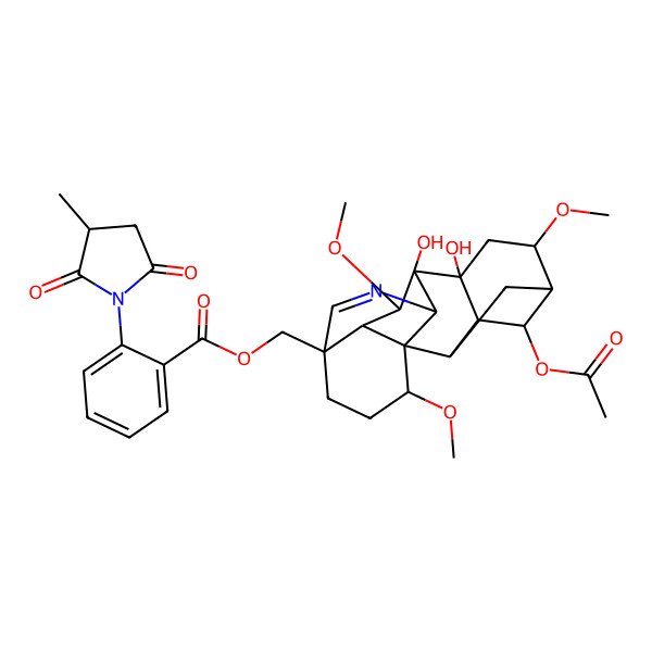2D Structure of [(1S,2R,3R,4S,5R,6S,8R,9S,10S,13S,16S,17R,18S)-4-acetyloxy-8,9-dihydroxy-6,16,18-trimethoxy-11-azahexacyclo[7.7.2.12,5.01,10.03,8.013,17]nonadec-11-en-13-yl]methyl 2-[(3S)-3-methyl-2,5-dioxopyrrolidin-1-yl]benzoate