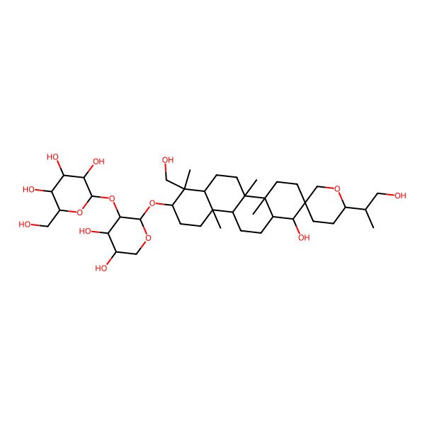 2D Structure of (2S,3R,4S,5S,6R)-2-[(2S,3R,4S,5R)-2-[(1R,2S,2'R,4aR,4bR,6aS,7R,8S,10aR,10bR,12aR)-7-hydroxy-1-(hydroxymethyl)-2'-[(2R)-1-hydroxypropan-2-yl]-1,4a,10a,10b-tetramethylspiro[3,4,4b,5,6,6a,7,9,10,11,12,12a-dodecahydro-2H-chrysene-8,5'-oxane]-2-yl]oxy-4,5-dihydroxyoxan-3-yl]oxy-6-(hydroxymethyl)oxane-3,4,5-triol