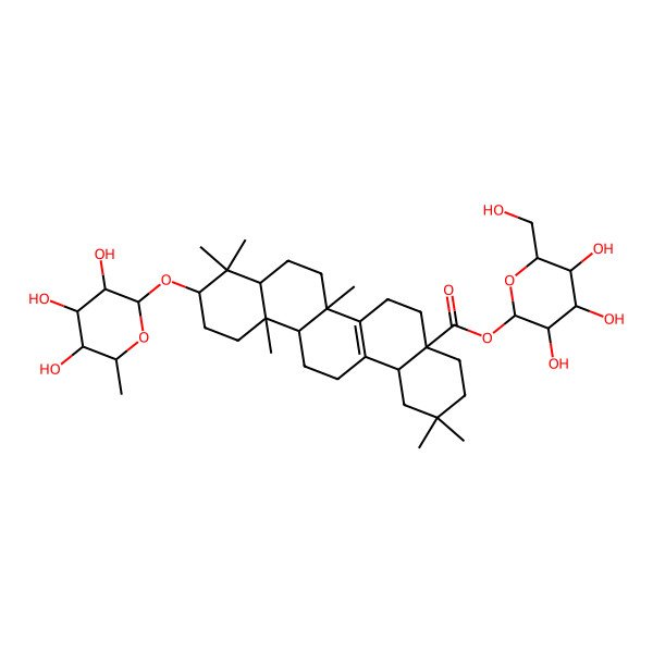 2D Structure of [(2R,3S,4R,5R,6S)-3,4,5-trihydroxy-6-(hydroxymethyl)oxan-2-yl] (4aS,6aR,6bR,8aR,10S,12aR,14bS)-2,2,6b,9,9,12a-hexamethyl-10-[(2R,3S,4S,5S,6R)-3,4,5-trihydroxy-6-methyloxan-2-yl]oxy-3,4,5,6,6a,7,8,8a,10,11,12,13,14,14b-tetradecahydro-1H-picene-4a-carboxylate