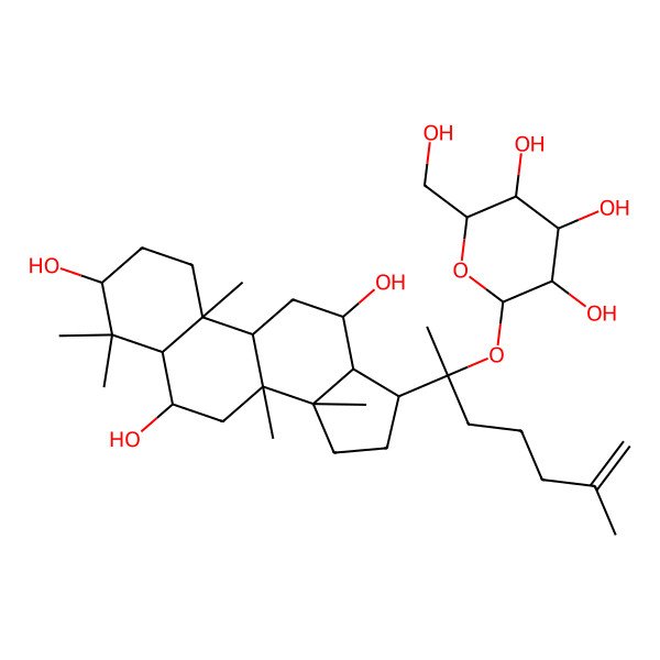 2D Structure of (2R,3S,4S,5R,6S)-2-(hydroxymethyl)-6-[(2S)-6-methyl-2-[(3S,5R,6S,8R,9R,10R,12R,13R,14R,17S)-3,6,12-trihydroxy-4,4,8,10,14-pentamethyl-2,3,5,6,7,9,11,12,13,15,16,17-dodecahydro-1H-cyclopenta[a]phenanthren-17-yl]hept-6-en-2-yl]oxyoxane-3,4,5-triol