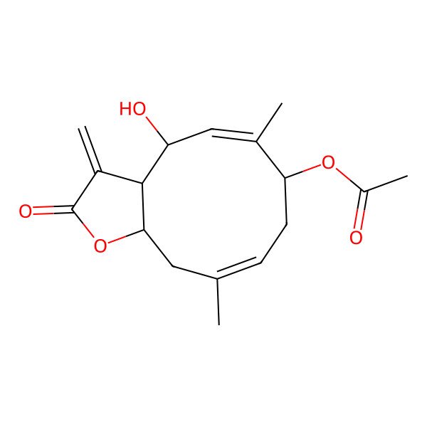 2D Structure of [(3aS,4R,5E,7S,9E,11aS)-4-hydroxy-6,10-dimethyl-3-methylidene-2-oxo-3a,4,7,8,11,11a-hexahydrocyclodeca[b]furan-7-yl] acetate