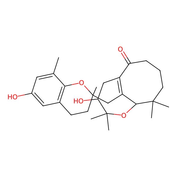 2D Structure of (7S,10R)-10-hydroxy-12-[[(2R)-6-hydroxy-2,8-dimethyl-3,4-dihydrochromen-2-yl]methyl]-6,6,9,9-tetramethyl-8-oxabicyclo[5.4.1]dodec-1(12)-en-2-one