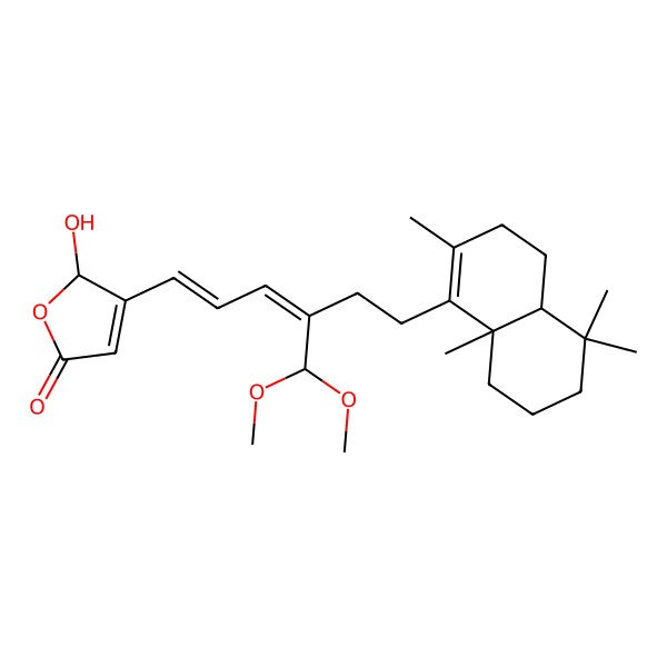 2D Structure of (2R)-3-[(1E,3E)-6-[(4aS,8aS)-2,5,5,8a-tetramethyl-3,4,4a,6,7,8-hexahydronaphthalen-1-yl]-4-(dimethoxymethyl)hexa-1,3-dienyl]-2-hydroxy-2H-furan-5-one