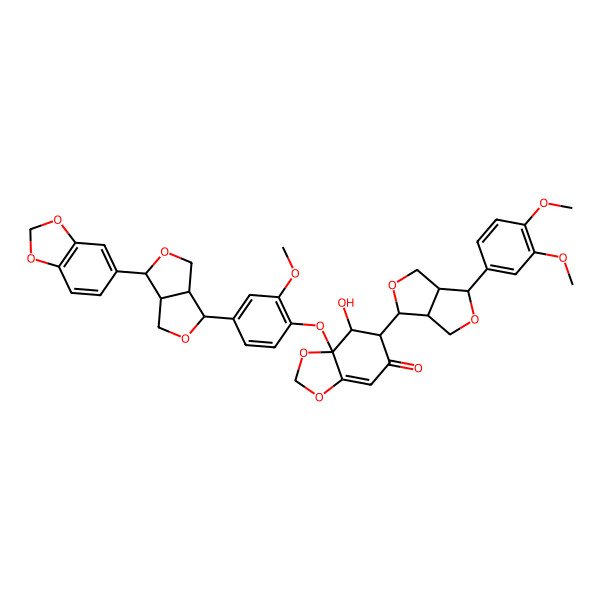 2D Structure of 7a-[4-[3-(1,3-Benzodioxol-5-yl)-1,3,3a,4,6,6a-hexahydrofuro[3,4-c]furan-6-yl]-2-methoxyphenoxy]-6-[6-(3,4-dimethoxyphenyl)-1,3,3a,4,6,6a-hexahydrofuro[3,4-c]furan-3-yl]-7-hydroxy-6,7-dihydro-1,3-benzodioxol-5-one