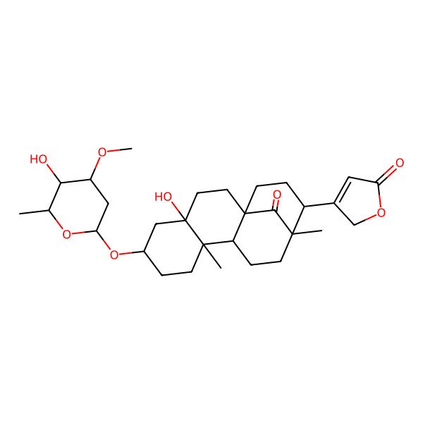 2D Structure of 3-[(1S,4S,6S,9R,10R,13R,14R)-4-hydroxy-6-[(2R,4S,5R,6R)-5-hydroxy-4-methoxy-6-methyloxan-2-yl]oxy-9,13-dimethyl-17-oxo-14-tetracyclo[11.3.1.01,10.04,9]heptadecanyl]-2H-furan-5-one