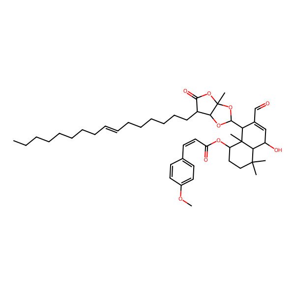 2D Structure of [7-Formyl-8-(6-hexadec-7-enyl-3a-methyl-5-oxo-6,6a-dihydrofuro[2,3-d][1,3]dioxol-2-yl)-5-hydroxy-4,4,8a-trimethyl-1,2,3,4a,5,8-hexahydronaphthalen-1-yl] 3-(4-methoxyphenyl)prop-2-enoate
