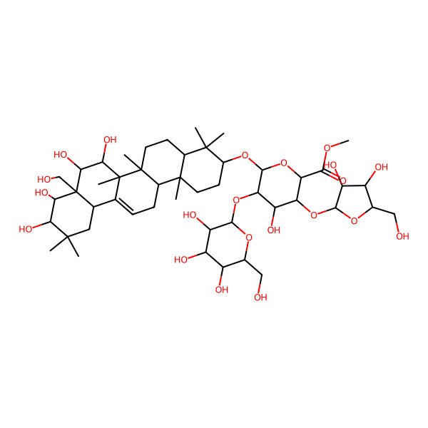 2D Structure of methyl (2S,3S,4S,5R,6R)-6-[[(3S,6aR,6bS,7R,8S,8aS,9R,10R,12aS,14aR,14bR)-7,8,9,10-tetrahydroxy-8a-(hydroxymethyl)-4,4,6a,6b,11,11,14b-heptamethyl-1,2,3,4a,5,6,7,8,9,10,12,12a,14,14a-tetradecahydropicen-3-yl]oxy]-3-[(2S,3R,4R,5S)-3,4-dihydroxy-5-(hydroxymethyl)oxolan-2-yl]oxy-4-hydroxy-5-[(2S,3R,4S,5S,6R)-3,4,5-trihydroxy-6-(hydroxymethyl)oxan-2-yl]oxyoxane-2-carboxylate