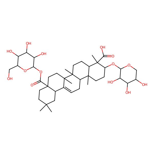 2D Structure of (3S,4S,4aR,6aR,6bS,8aS,12aS,14aR,14bR)-4,6a,6b,11,11,14b-hexamethyl-8a-[(2S,3R,4S,5S,6R)-3,4,5-trihydroxy-6-(hydroxymethyl)oxan-2-yl]oxycarbonyl-3-[(2S,3R,4S,5R)-3,4,5-trihydroxyoxan-2-yl]oxy-1,2,3,4a,5,6,7,8,9,10,12,12a,14,14a-tetradecahydropicene-4-carboxylic acid
