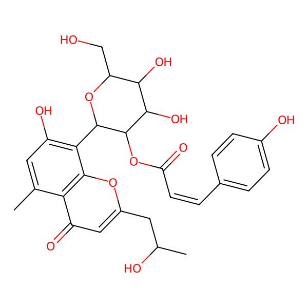 2D Structure of [(2S,3R,4S,5S,6R)-4,5-dihydroxy-2-[7-hydroxy-2-[(2S)-2-hydroxypropyl]-5-methyl-4-oxochromen-8-yl]-6-(hydroxymethyl)oxan-3-yl] (E)-3-(4-hydroxyphenyl)prop-2-enoate