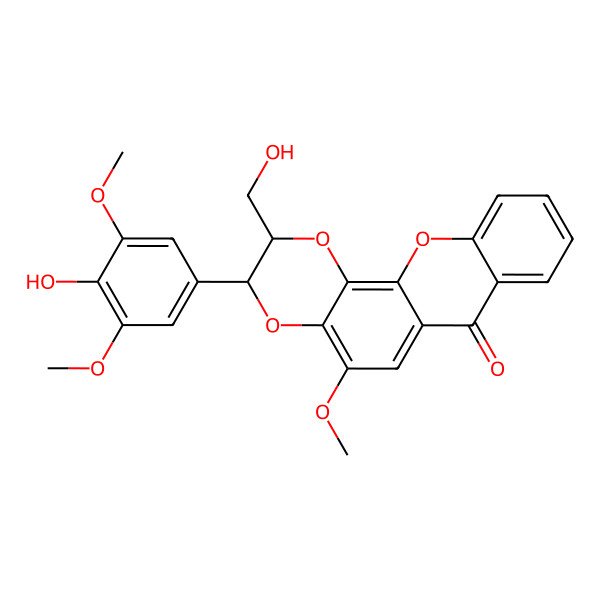 2D Structure of (2S,3S)-3-(4-hydroxy-3,5-dimethoxyphenyl)-2-(hydroxymethyl)-5-methoxy-2,3-dihydro-[1,4]dioxino[2,3-c]xanthen-7-one