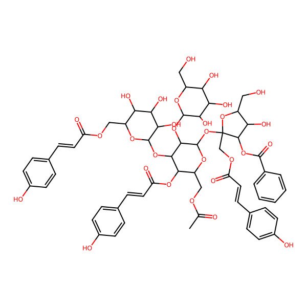 2D Structure of [(2R,3S,4S,5S)-2-[(2R,3S,4S,5S,6R)-6-(acetyloxymethyl)-5-[(Z)-3-(4-hydroxyphenyl)prop-2-enoyl]oxy-3-[(2R,3S,4S,5R,6S)-3,4,5-trihydroxy-6-(hydroxymethyl)oxan-2-yl]oxy-4-[(2R,3R,4S,5R,6S)-3,4,5-trihydroxy-6-[[(Z)-3-(4-hydroxyphenyl)prop-2-enoyl]oxymethyl]oxan-2-yl]oxyoxan-2-yl]oxy-4-hydroxy-5-(hydroxymethyl)-2-[[(Z)-3-(4-hydroxyphenyl)prop-2-enoyl]oxymethyl]oxolan-3-yl] benzoate