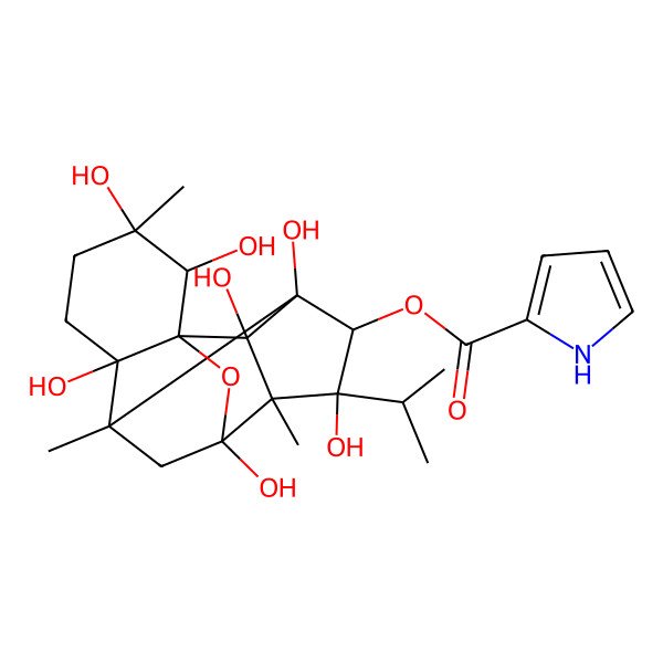 2D Structure of [(1R,2S,3R,6S,7S,9S,10S,11S,12R,13S,14R)-2,3,6,9,11,13,14-heptahydroxy-3,7,10-trimethyl-11-propan-2-yl-15-oxapentacyclo[7.5.1.01,6.07,13.010,14]pentadecan-12-yl] 1H-pyrrole-2-carboxylate