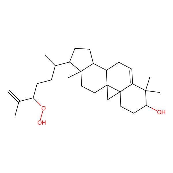 2D Structure of (1S,3S,6S,11S,12S,15R,16R)-15-[(2R,5R)-5-hydroperoxy-6-methylhept-6-en-2-yl]-7,7,16-trimethylpentacyclo[9.7.0.01,3.03,8.012,16]octadec-8-en-6-ol