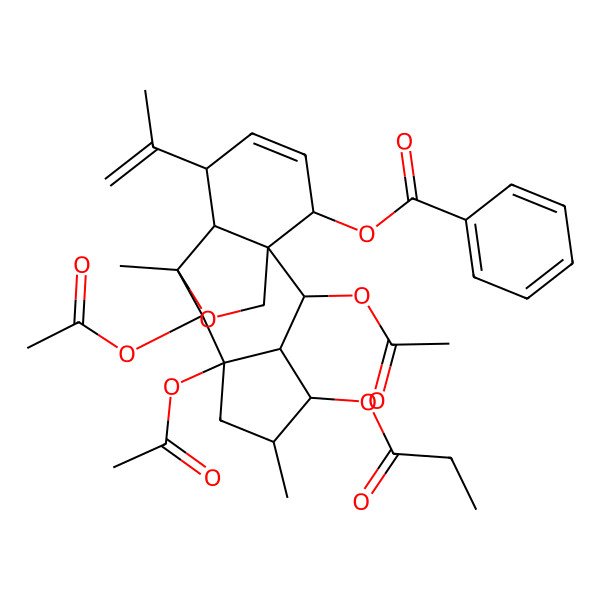2D Structure of (2,7,8-Triacetyloxy-5,9-dimethyl-4-propanoyloxy-11-prop-1-en-2-yl-16-oxatetracyclo[7.5.2.01,10.03,7]hexadec-12-en-14-yl) benzoate