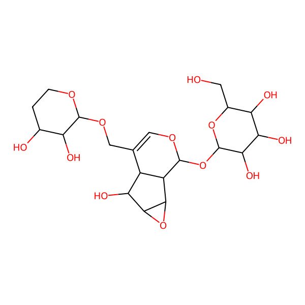 2D Structure of 2-[[7-[(3,4-Dihydroxyoxan-2-yl)oxymethyl]-5-hydroxy-3,9-dioxatricyclo[4.4.0.02,4]dec-7-en-10-yl]oxy]-6-(hydroxymethyl)oxane-3,4,5-triol
