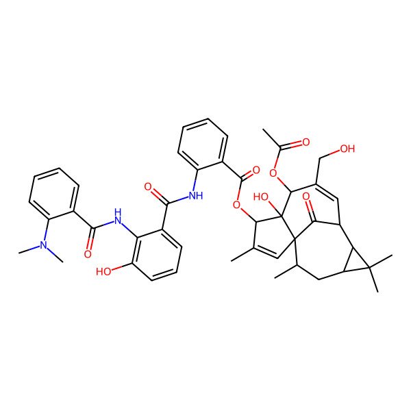 2D Structure of [6-Acetyloxy-5-hydroxy-7-(hydroxymethyl)-3,11,11,14-tetramethyl-15-oxo-4-tetracyclo[7.5.1.01,5.010,12]pentadeca-2,7-dienyl] 2-[[2-[[2-(dimethylamino)benzoyl]amino]-3-hydroxybenzoyl]amino]benzoate