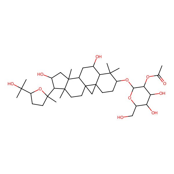 2D Structure of [(2R,3R,4S,5S,6R)-2-[[(1S,3R,6S,8S,9S,11R,12S,14S,15R,16R)-9,14-dihydroxy-15-[(2R,5S)-5-(2-hydroxypropan-2-yl)-2-methyloxolan-2-yl]-7,7,12,16-tetramethyl-6-pentacyclo[9.7.0.01,3.03,8.012,16]octadecanyl]oxy]-4,5-dihydroxy-6-(hydroxymethyl)oxan-3-yl] acetate
