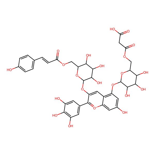 2D Structure of 3-oxo-3-[[(2S,3S,4S,5S,6S)-3,4,5-trihydroxy-6-[7-hydroxy-3-[(2S,3S,4S,5S,6R)-3,4,5-trihydroxy-6-[[(E)-3-(4-hydroxyphenyl)prop-2-enoyl]oxymethyl]oxan-2-yl]oxy-2-(3,4,5-trihydroxyphenyl)chromenylium-5-yl]oxyoxan-2-yl]methoxy]propanoic acid